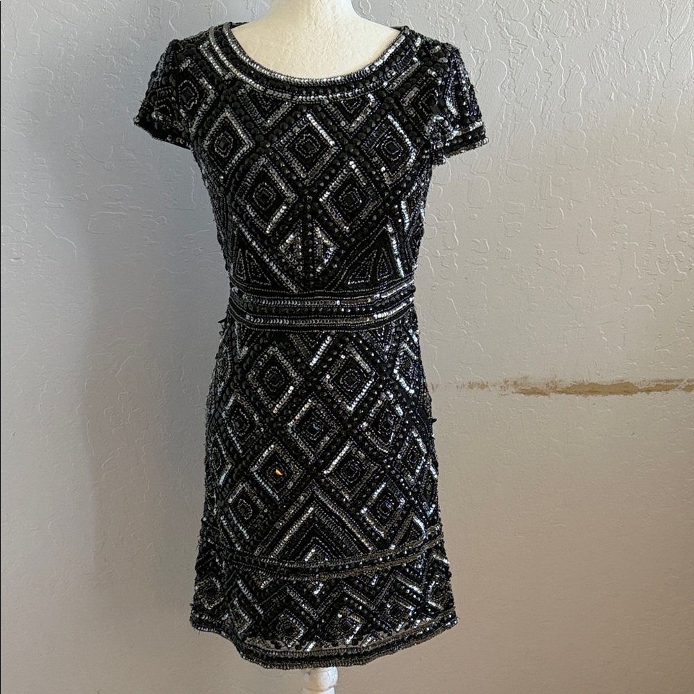 Adrianna Papell Black and Silver Geometric Beaded Mini Dress